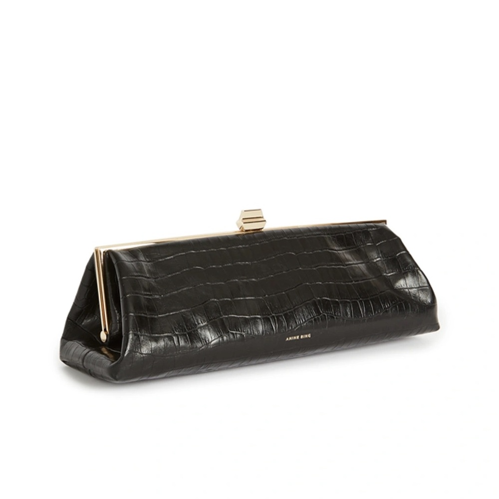 Anine Bing Kiara Black Croc-Embossed Leather Clutch with Gold Hardware